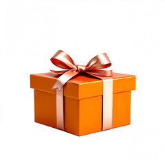 Obraz premium Shiny orange gift box with a gold ribbon and bow on a white background