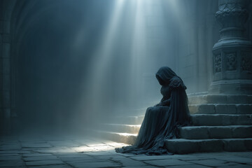 Hooded figure in cloak sitting on ancient stone steps in mysterious hall