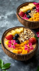 Exotic Fruit Bowl in Coconut Shells with Tropical Flowers