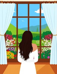 Obraz premium Woman Window View Landscape
