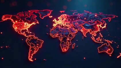 Global communication network visualized as interconnected glowing nodes on a dark background, symbolizing international collaboration and technological advancement ,  data,  glowing,  lines