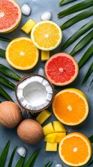 Fresh Tropical Fruit Platter with Coconut and Palm Leaves on a Blue Surface