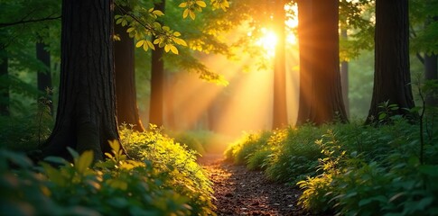 Golden hour sunlight streams through leaves onto a sun-drenched forest floor, dappling the earth in warm light Perfect for nature, summer, and environmental themes , ground, sunlight, organic