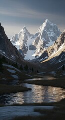 Serene Mountain Lake at Sunset with Snow Capped Peaks