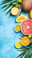 Colorful assortment of fresh tropical fruits and palm leaves on a vibrant blue background