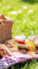 Idyllic summer picnic spread with delicious sandwiches, crispy chips, and refreshing drinks on a vibrant green lawn