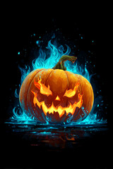 A glowing jack-o'-lantern surrounded by blue flames, creating a mystical Halloween atmosphere