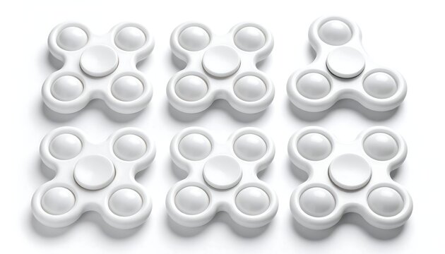 Six white fidget spinners arranged in a grid