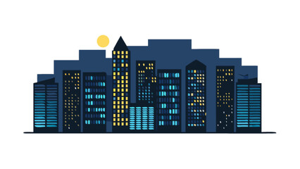 Cityscape skyline at night with illuminated buildings and moon urban design illustration for background use