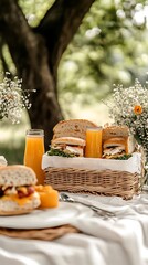 Delicious picnic spread with sandwiches and juice on a checkered cloth