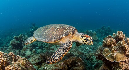 Fototapeta premium Hawksbill sea turtle underwater coral reef