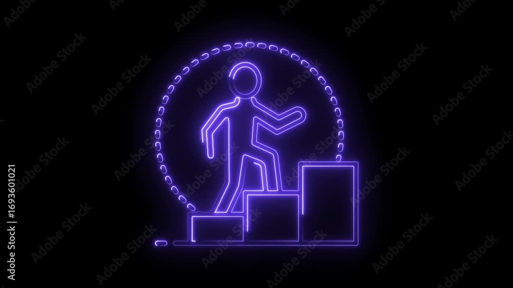Poster Neon person climbing steps animation symbolizing progress and development with light path
