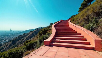 Iconic Hollywood Hills staircase, winding uphill against a vibrant blue sky Perfect for travel, architecture, and urban landscape projects Step by step towards success imagery , upward, perspective