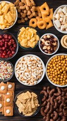 Assortment of Snacks and Savory Bites in Bowls on a Wooden Table
