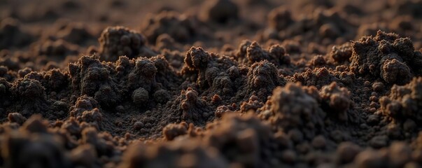 Close-up shot of rich, dark soil, textured and moist, with visible roots and organic matter; perfect for nature, gardening, or environmental themes ,  sustainability,  clay