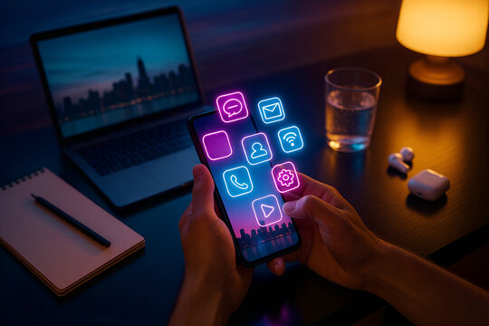 Person uses smartphone with glowing app icons at night