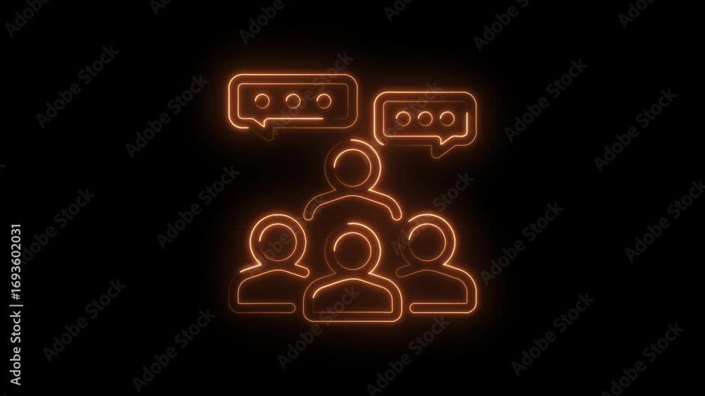 Poster glowing icon animation of teamwork and communication featuring dialogue in a neon style