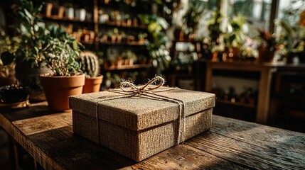 Brown wrapped gift box sits on a wooden table surrounded by plants.