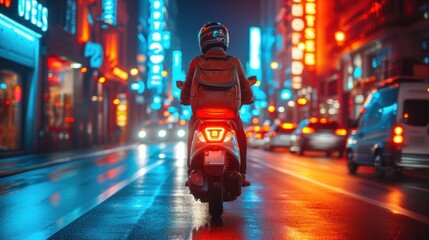 Speedy Nighttime Delivery Rider Navigating the City Lights