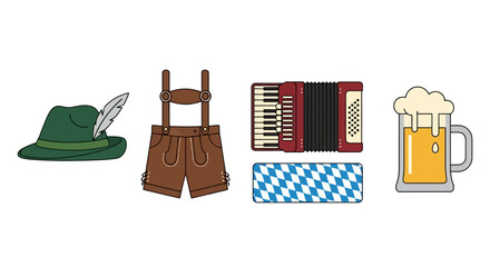 Traditional Bavarian Oktoberfest elements, icons, and vector illustration, perfect for festival promotions, cultural event designs, and themed graphics.