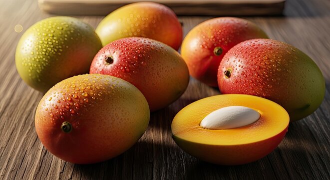 Fresh Ripe Mangoes with Water Droplets on a Rustic Wooden Table, One Mango Halved to Show the Pulp.