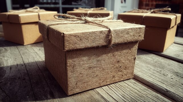 Several small brown cardboard boxes tied with string sit on a wooden surface.