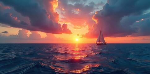 Dramatic sunset over a calm ocean with a lone sail in the distance, creating a peaceful and serene seascape Perfect for travel, adventure, or nautical themed projects , light, open