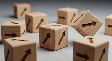 Fototapeta premium Wooden blocks show growth arrows pointing in different directions representing business strategy success