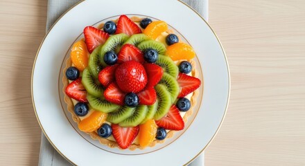 Elegant Fruit Tart with Fresh Strawberries, Kiwi, Blueberries, and Orange Slices on a Gold-Rimmed White Plate.
