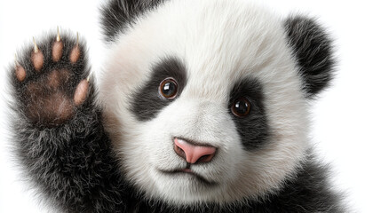 Obraz premium A cute panda cub waving its paw with a pink nose on a white background