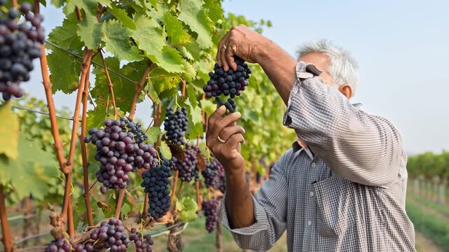 farmer collecting grapes at agriculture field 