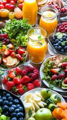 A vibrant spread of fresh fruits, vegetables, and pancakes perfect for a healthy breakfast