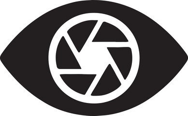 Eye with camera lens silhouette vector icon, photography vision, surveillance, security, optical design.