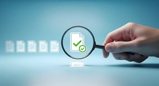 Review documents with magnifying glass for accuracy and validation, ensuring compliance and quality control - Powered by Adobe