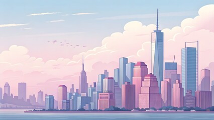 Vibrant City Skyline at Sunset with Modern and Classic Architecture