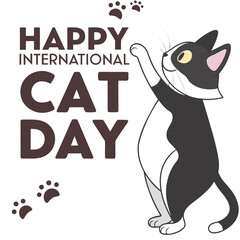 Flat illustration of a tuxedo cat next to the large text 