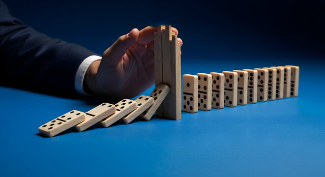 Powerful hand stopping domino effect shows crisis management and business risk control strategy