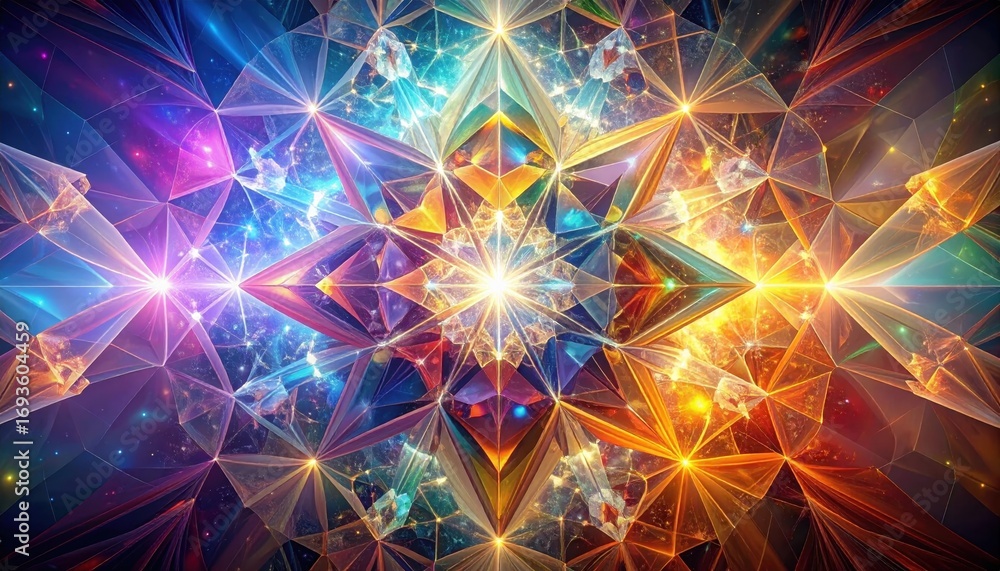Poster a vibrant, intricate design featuring multifaceted shapes radiating brilliant colors, creating a cap