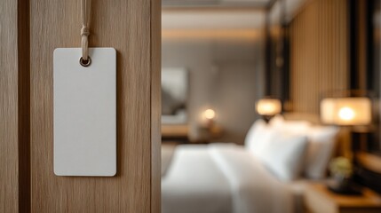 Minimalistic blank door hanger template hanging on wooden hotel door, blurred soft-lit bedroom in background, perfect for branding concepts