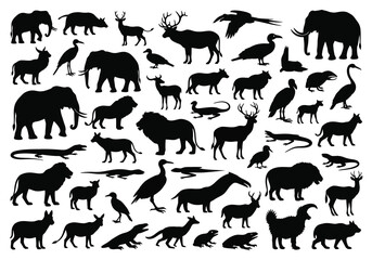Naklejka premium Diverse Animal Silhouettes Showcase Various Species in Black-White Illustration Art for Wildlife Enthusiasts