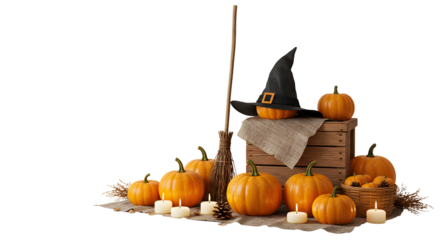Rustic Halloween display features pumpkins, witch's hat, broom, and glowing candles for spooky celebrations