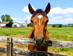 Horse looking through a wooden fence