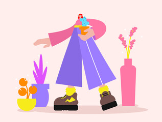 Young woman with flowers in pots. Cartoon style character. Flat vector illustration.