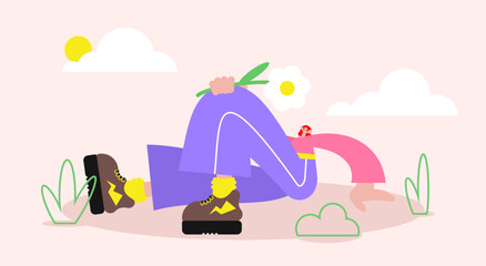 Young woman with flower. Outdoor recreation. Cartoon style character. Flat vector illustration.