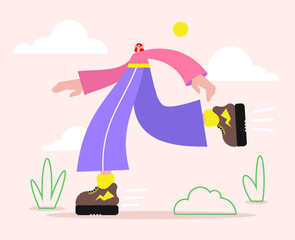 Young woman enjoy walk on sunny summer day. Cartoon style character. Flat vector illustration.