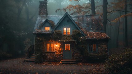 Quaint stone cottage illuminated warmly in a misty, enchanting forest setting.