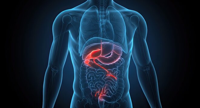 3D anatomical illustration of the human digestive system