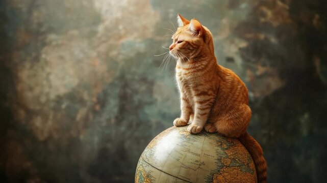 Orange tabby cat sits majestically on globe