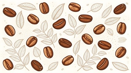 Obraz premium Coffee Beans and Leaves Pattern on Cream Background Design