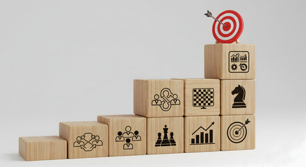 Achieve business goals with strategic planning and team collaboration symbolized by wooden blocks.